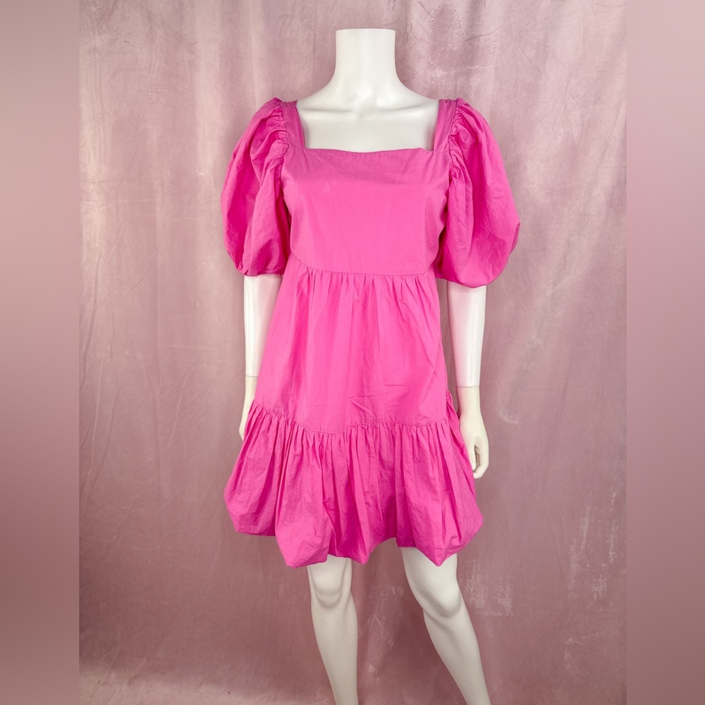 Oliphant Womens 100% Cotton Pink Dress Size Medium Short Puff Sleeve Square Neck